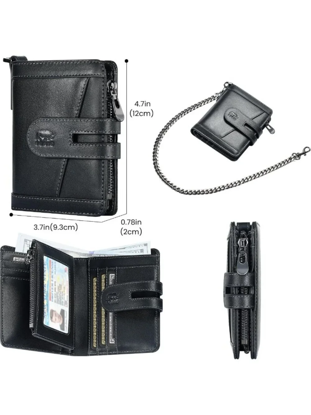 Stylish Genuine Leather Men's Bifold Wallet with RFID, Zipper Pocket & Chain